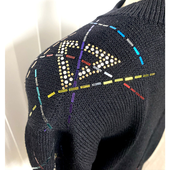 St John Santana Knit Top Long Sleeve Crew Neck Paillette Embellished Black 14 XL - Picture 8 of 9